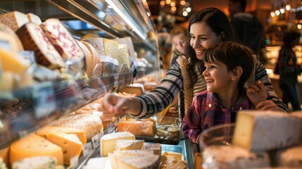 Family of Three Browsing and Selecting Artisanal Specialty Cheeses from the Refrigerated Display at a Grocery Store or Market  Concept of Healthy Premium Food Shopping and Culinary Indulgence