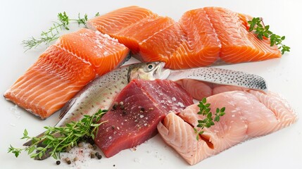 Fresh fish fillets- salmon, trout, and steak- are displayed on a white background. The images are sharp and show the full detail of the fish, including the scales, fins, and flesh