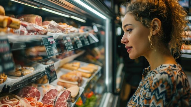A young woman standing in front of a supermarket refrigerator carefully examining the selection of deli meats and cold cuts on display