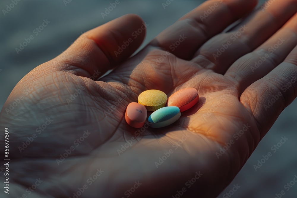 Fototapete A close-up of an open palm holding several colorful pills, captured with a blurred background. Generative AI