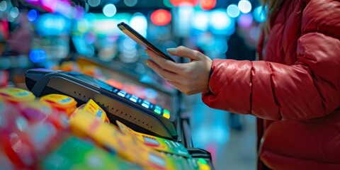 Closeup of person making contactless payment in store with smartphone