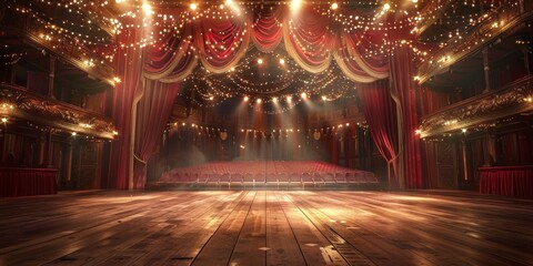 Fototapeta premium Empty Theater Stage with Red Curtains and Golden Lights