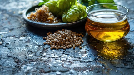 A close-up of fresh hops, barley, and a glass of golden beer, capturing the essence of traditional brewing with natural ingredients.