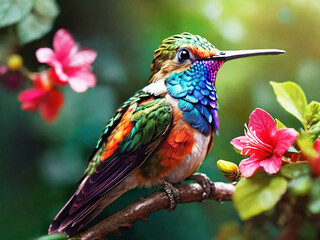 Fototapeta premium Hummingbird on flower in forest AI generate. 