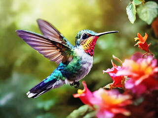 Fototapeta premium Hummingbird on flower in forest AI generate. 