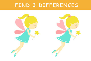 Find 3 differences in illustration. Educational activity with cute fairy illustration. Spot difference. Educational fun game for children.