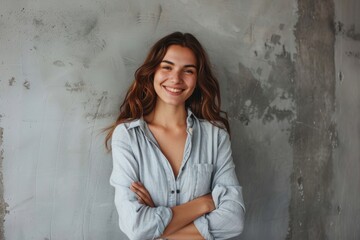 Portrait of a glad woman in her 20s with arms crossed isolated in bare concrete or plaster wall