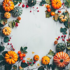 Obraz premium Autumn Pumpkins and Berries Frame on light background