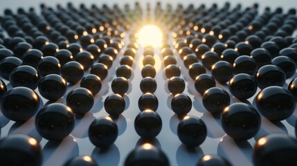 Objects gather around central light, drawn by shadows. Collaboration depicted in 3D abstract concept. Magnetic attraction renders objects to center.