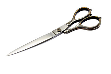 Fototapeta premium Ornate Silver Scissors With Intricate Design Against a Clean White Background on a Clear PNG or White Background.