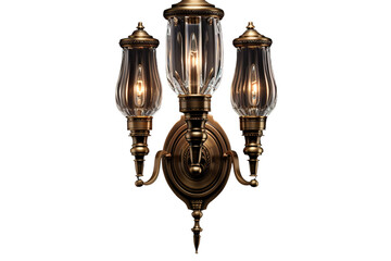 Fototapeta premium Ornate Brass Wall Sconce With Three Crystal Glass Shades Illuminates a Room on a Clear PNG or White Background.