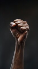 Hand clenched into a fist symbolizing strength and unity, dark background. Power and solidarity concept