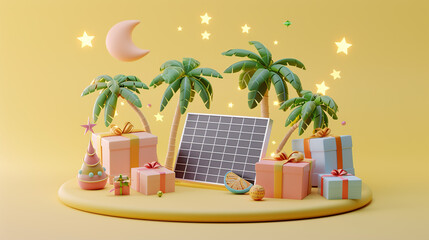 Obraz premium 3D isometric illustration of a solar panel, surrounded cute gifts and tropical trees, on a light yellow background
