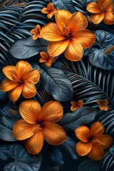 Elegant Abstract Orange Flowers On Dark Blue Tropical Leaves Picture Frame