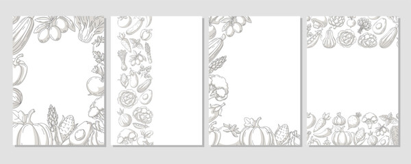 Set of vector minimal vertical posters a4, various border frame, veggies icons. Fresh, healthy farm vegetables. Space for text, isolated background. For banner, menu, flyer, cover, farmers market