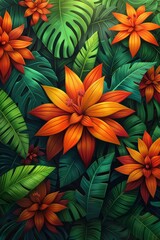 Fototapeta premium Vibrant Orange Flowers and Lush Green Leaves Pattern