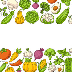 Fresh and healthy farm vegetables, vector square card, veggies colorful icons border frame. Space for text, isolated background. Organic product, vegan food. For poster, menu, cover, social media