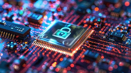 Closeup of hands typing on a laptop with a digital padlock icon floating above, surrounded by binary code and glowing lines representing data security in the style of virtual space.