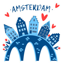 Amsterdam. Netherland. Travel poster, postcard and advertising design, design for t-shirts. vector illustration