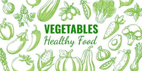 Vegetables background, vector green line veggies icons frame. Fresh and healthy farm products, organic, natural food. Horizontal banner, isolated background, space for text. For poster, menu, flyer
