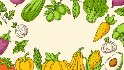 Fresh and healthy farm vegetables, vector horizontal banner, colorful veggies icons frame. Space for text, isolated background. Organic product. For poster, menu, flyer, cover, invitation, store