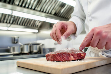 Close-up of a chef in a professional kitchen seasoning a raw steak with salt on a wooden cutting board..