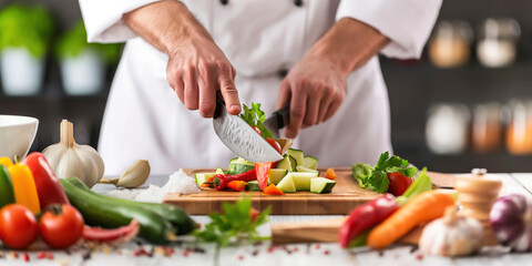 Close-up of a chef chopping vegetables on a wooden cutting board in a professional kitchen, showcasing culinary skills.