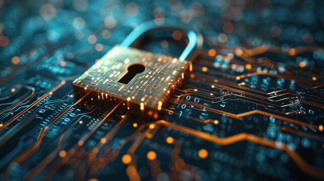 Closeup of hands typing on a laptop with a digital padlock icon floating above, surrounded by binary code and glowing lines representing data security in the style of virtual space.