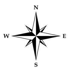 Compass rose symbol, black and white vector illustration of four cardinal directions