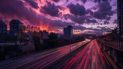 Fototapeta premium Stunning long exposure of evening traffic flow in a city with modern office buildings under a purple sunset sky. Ideal for urban and cityscape themes in marketing and design.