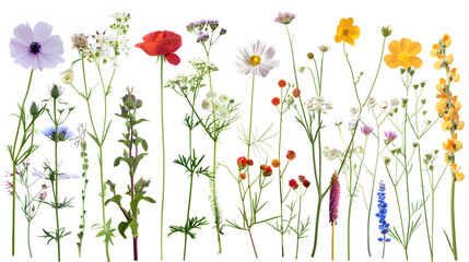 many different meadow flowers isolated on white, set isolated on white background, png