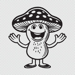 Happy mushroom character design, black vector illustration on transparent background