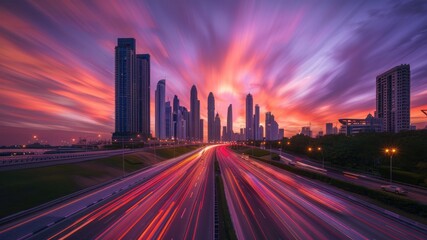 Fototapeta premium Stunning long exposure of evening traffic flow in a city with modern office buildings under a purple sunset sky. Ideal for urban and cityscape themes in marketing and design.