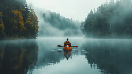 Kayaking Adventure Orange Kayak on a Pine-Encircled Lake. Generative Ai
