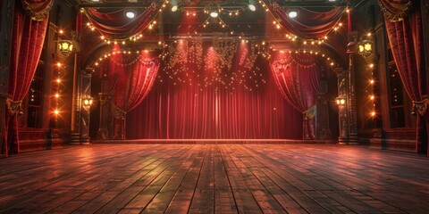 Stage Lights and Red Curtains in a Theatrical Setting