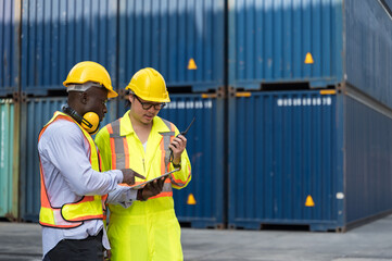 Two workers in safety gear checking loading container documents at cargo shipping site. Asian man worker holding walkie-talkie while African engineer holding digital tablet.