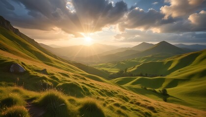 A scenic landscape with isolated rolling green hills and mountains in the background, bathed in warm golden sunlight breaking through dramatic clouds in the sky