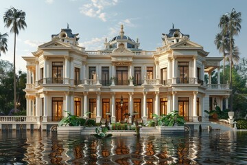 Fototapeta premium Lavish palace with ornate details and a reflection on the water surface, surrounded by tropical palm trees