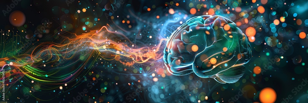 Poster digital brain with abstract neural networks and light effects - a digital representation of a brain 