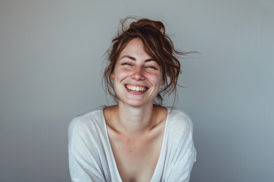Portrait of a content woman in her 30s smiling at the camera on blank studio backdrop