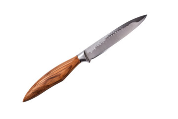 Obraz premium High-quality kitchen knife with serrated stainless steel blade and wooden handle for precise cutting on an isolated white background.