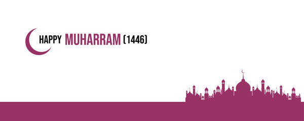 Happy Muharram 1446 Gift Card and Banner Design. Islamic New Year And Muharram Design Template. Editable EPS file with a Mosque and Moon.