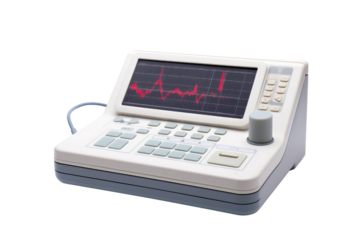 Medical device with ECG display, showing heartbeat data on screen. Essential healthcare tool for cardiology diagnostics and monitoring.