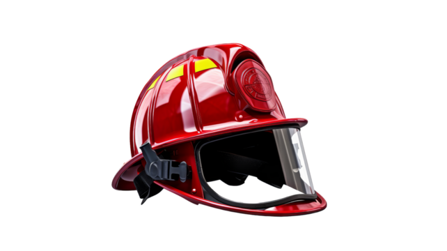 Red firefighter helmet isolated on white background. Professional protective gear used by firefighters for safety and emergency response.
