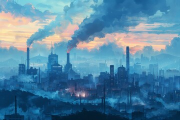 Obraz premium Artistic representation of a future city with industrial buildings emitting smoke into the dawn sky, highlighting environmental issues