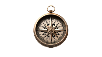 Vintage brass compass isolated on white background. Retro navigation tool symbolizing exploration, adventure, and finding direction.