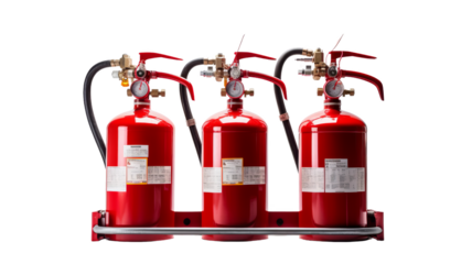 Three red fire extinguishers in a row, isolated on white background. Essential firefighting equipment for safety and emergency response.