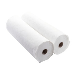 Fototapeta premium Two white rolls of paper towels isolated on a white background. Ideal for cleaning and household tasks. Soft and absorbent with a textured surface.