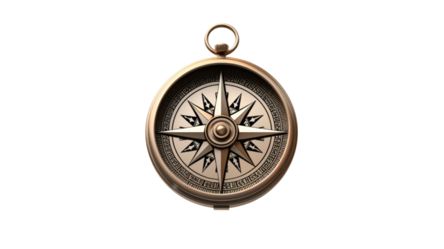Vintage brass compass isolated on white background. Retro navigation tool symbolizing exploration, adventure, and finding direction.