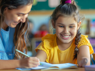 Joyful Autistic Girl Learning with Teacher in Classroom - Inclusive Education and Supportive Environment